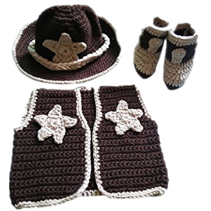 PinboÂ® Newborn baby boys Photo Prop Crochet Cowboy Set Hat Vest Boots Costume - Image 1